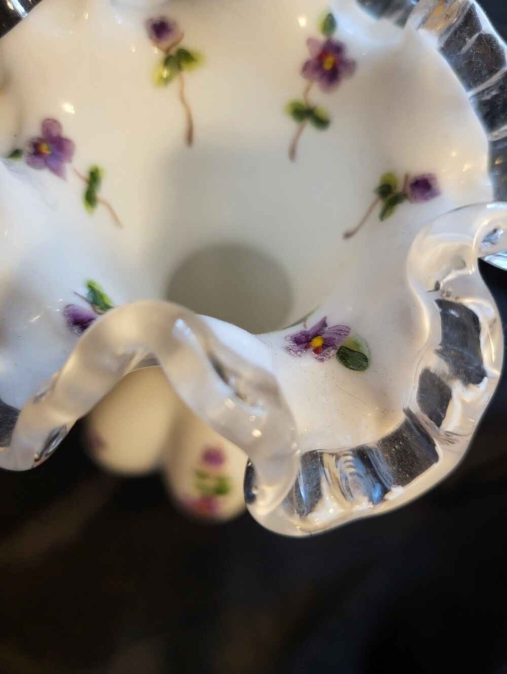 Fenton 6 In. White Glass Violets In The Snow Ruffled Vase - Picture 3 of 15
